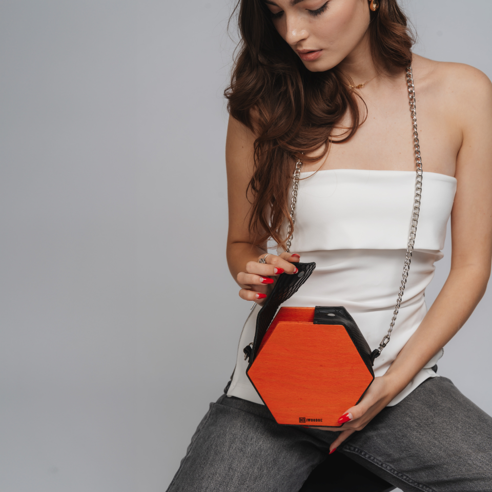 WOOD AND SNAKE PRINT LEATHER BAG